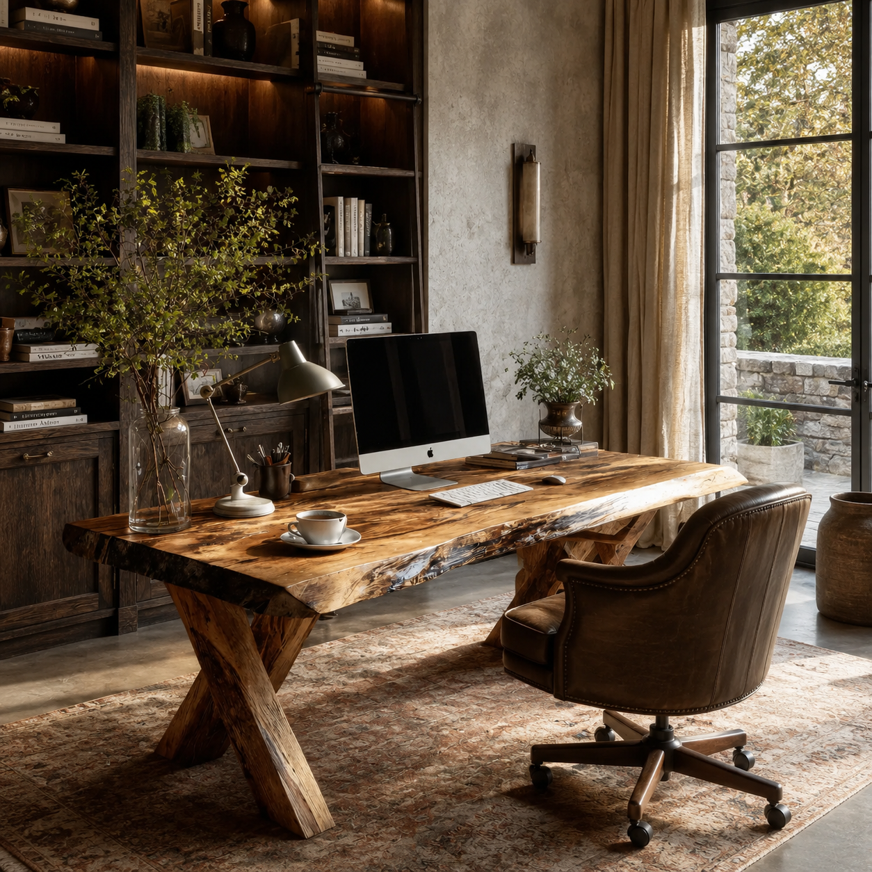 Live Edge Wood Desk – Solid Wood Office Table with X-Base Legs for Home Office Decor