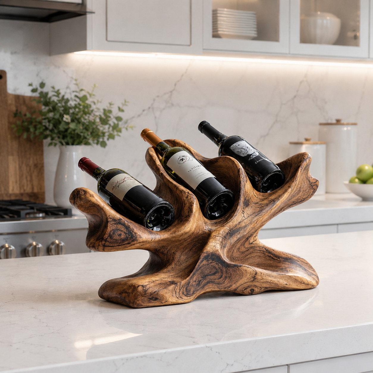 Sculptural Wood Wine Rack – Solid Wood 3 Bottle Display Stand for Home Bar Decor