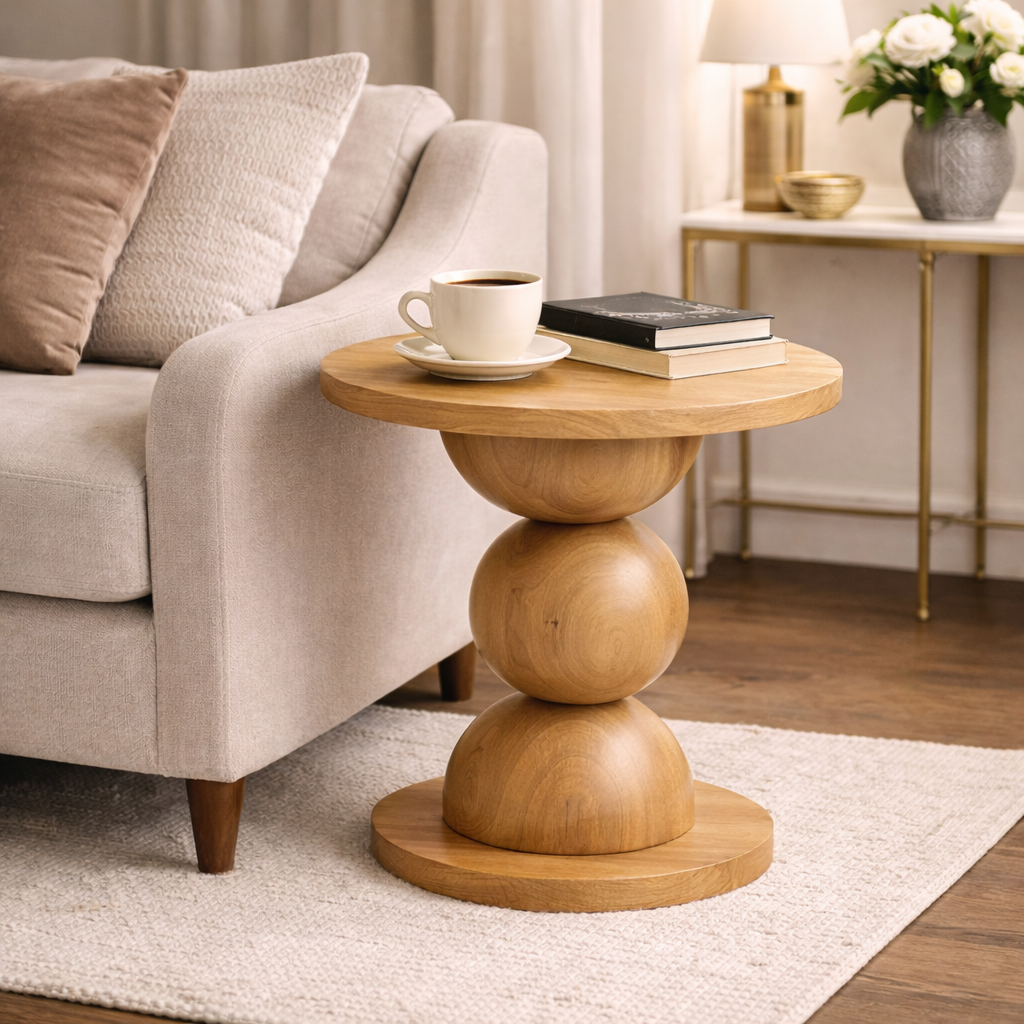 Pedestal Side Table – Sculptural Solid Wood Table with Stacked Sphere Base