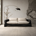 Solid Wood Curved Sofa with Cushions – Sculptural Modern Design