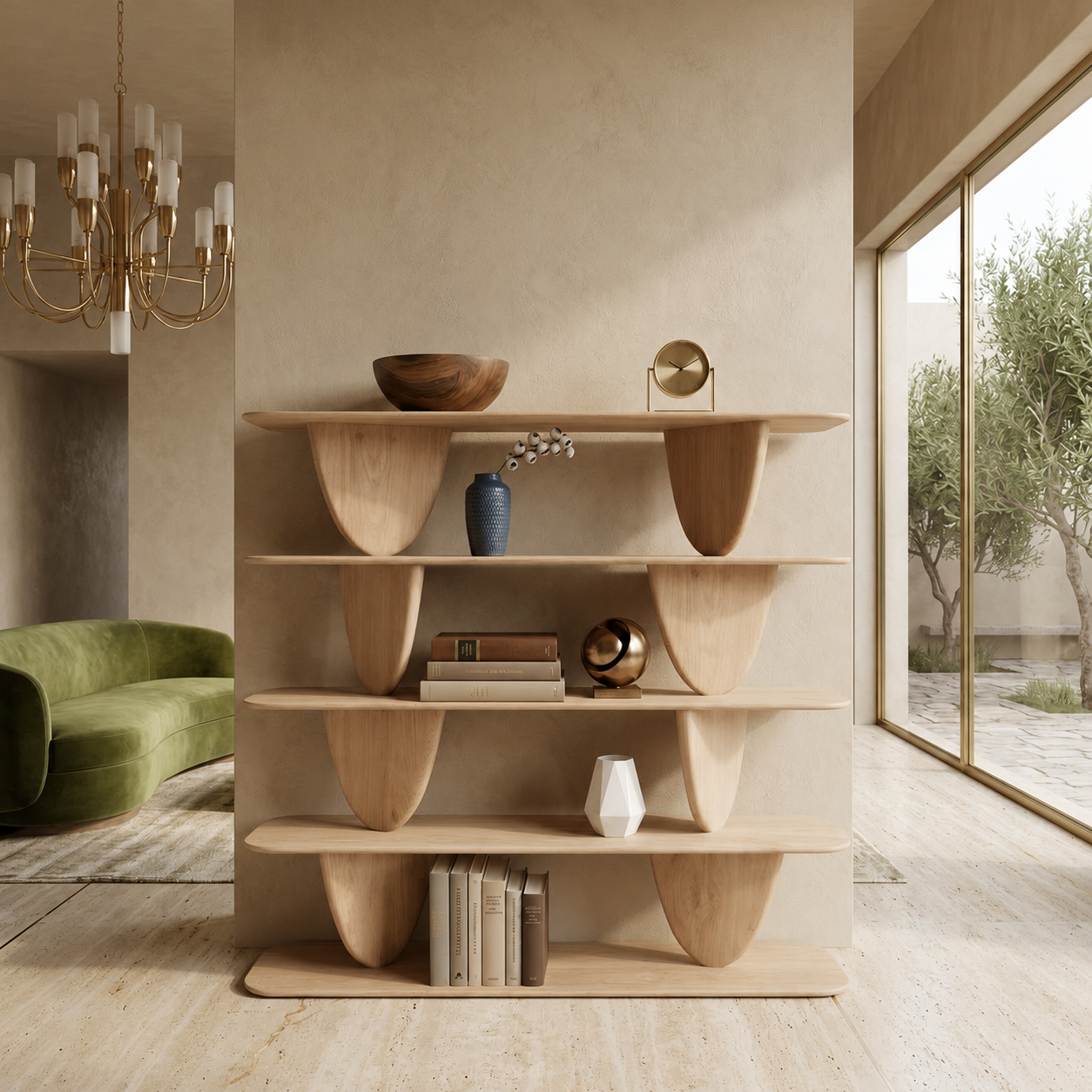 Geometric Bookcase – Solid Wood Display Shelf for Living Room