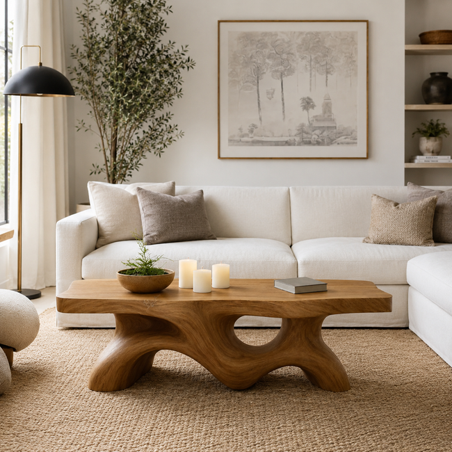 Sculptural Wave Solid Wood Coffee Table – Handcrafted Organic Curved Design Hover Image