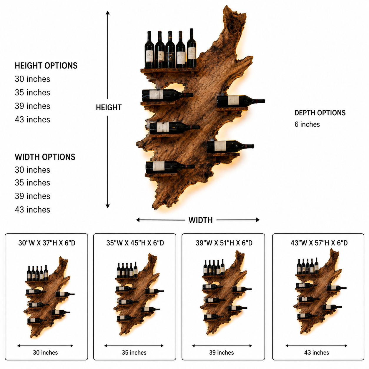 Live Edge Wood Wine Rack – Solid Wood Backlit Bottle Display Shelf for Kitchen Decor