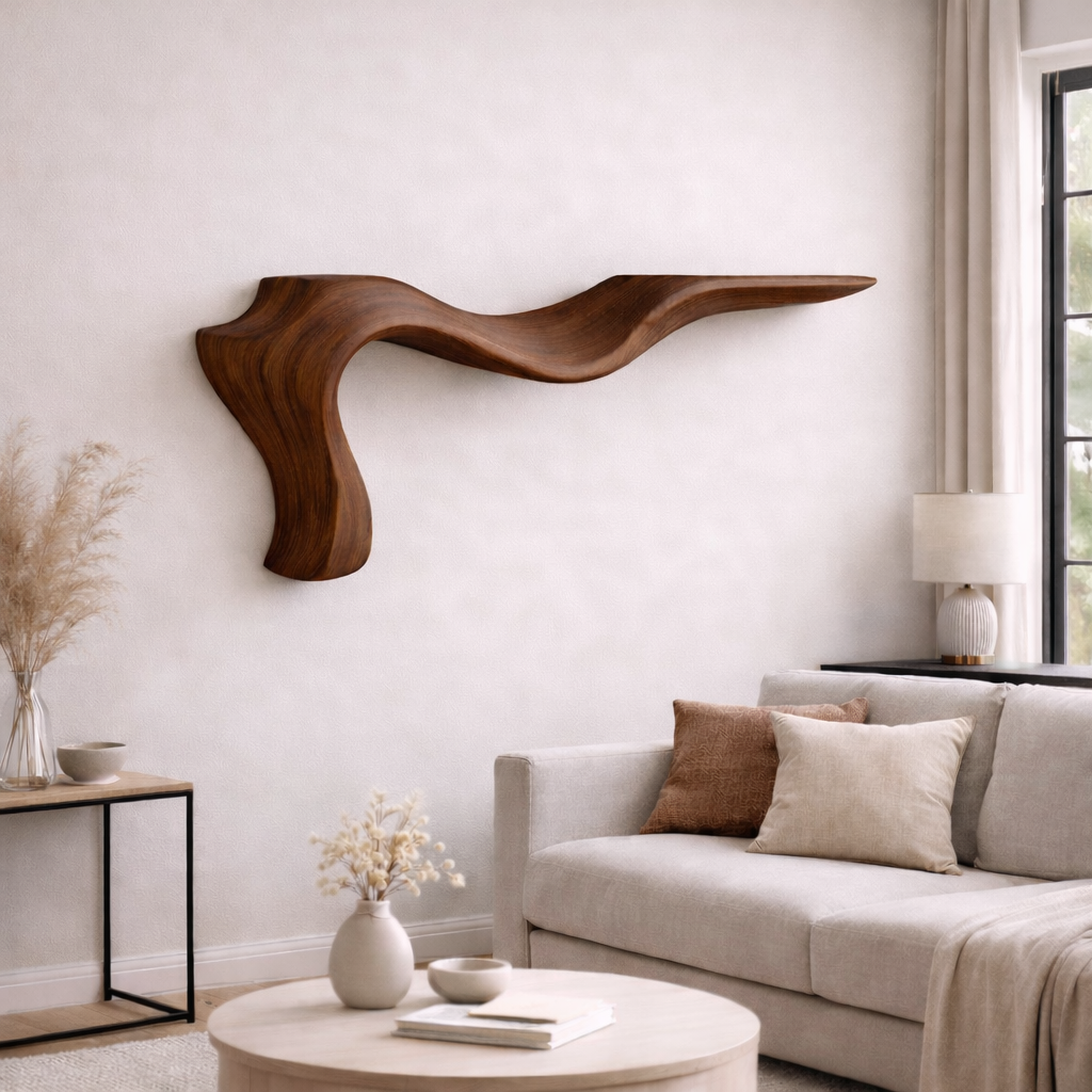Sculptural Wooden Floating Wall Shelf – Organic Modern Décor