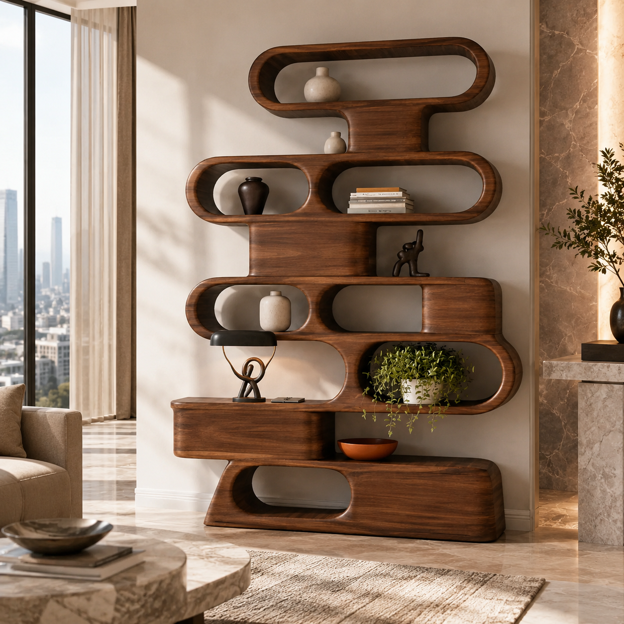 Solid Wood Sculptural Shelving Unit – Organic Wave Design