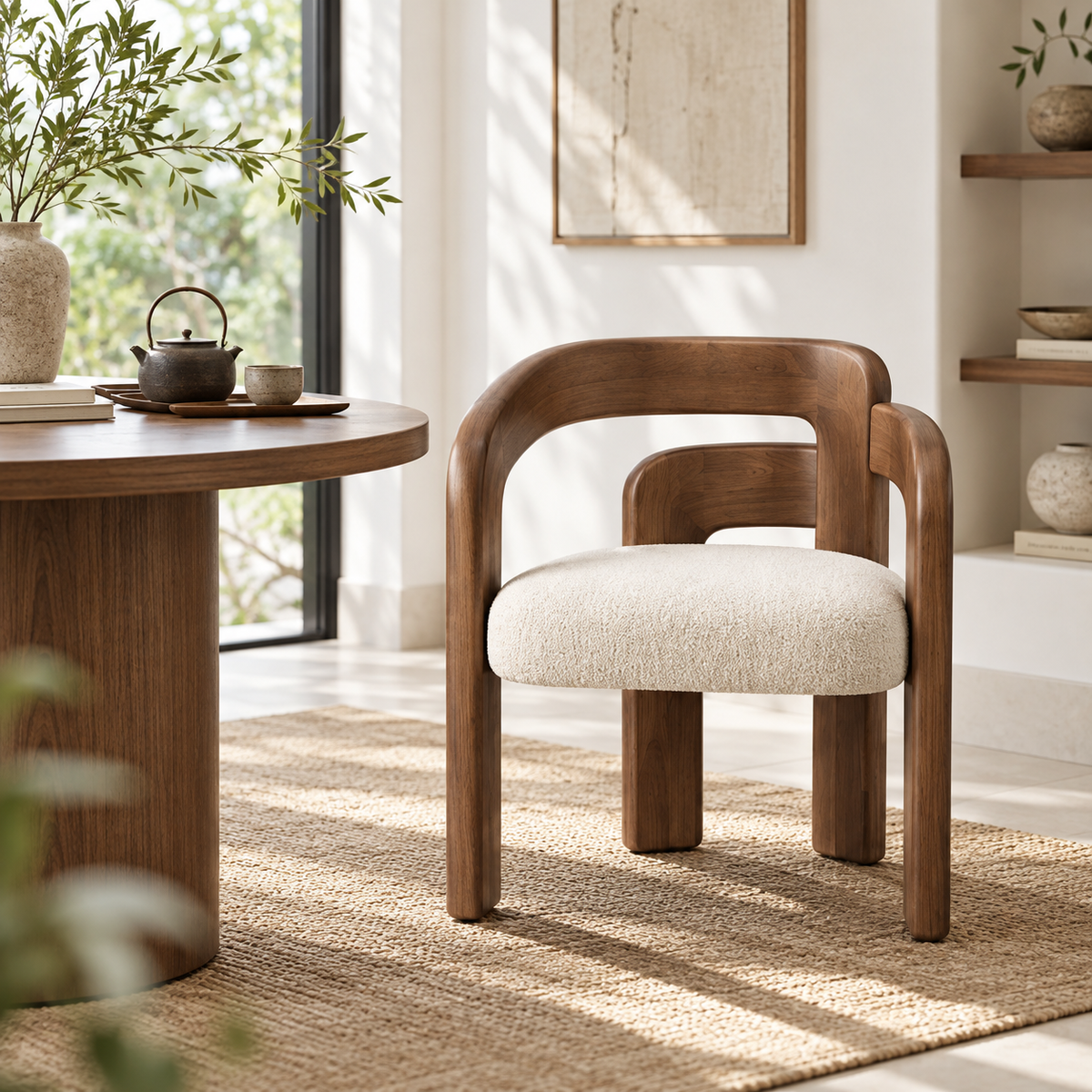 Sculptural Wood Frame Bouclé Armchair