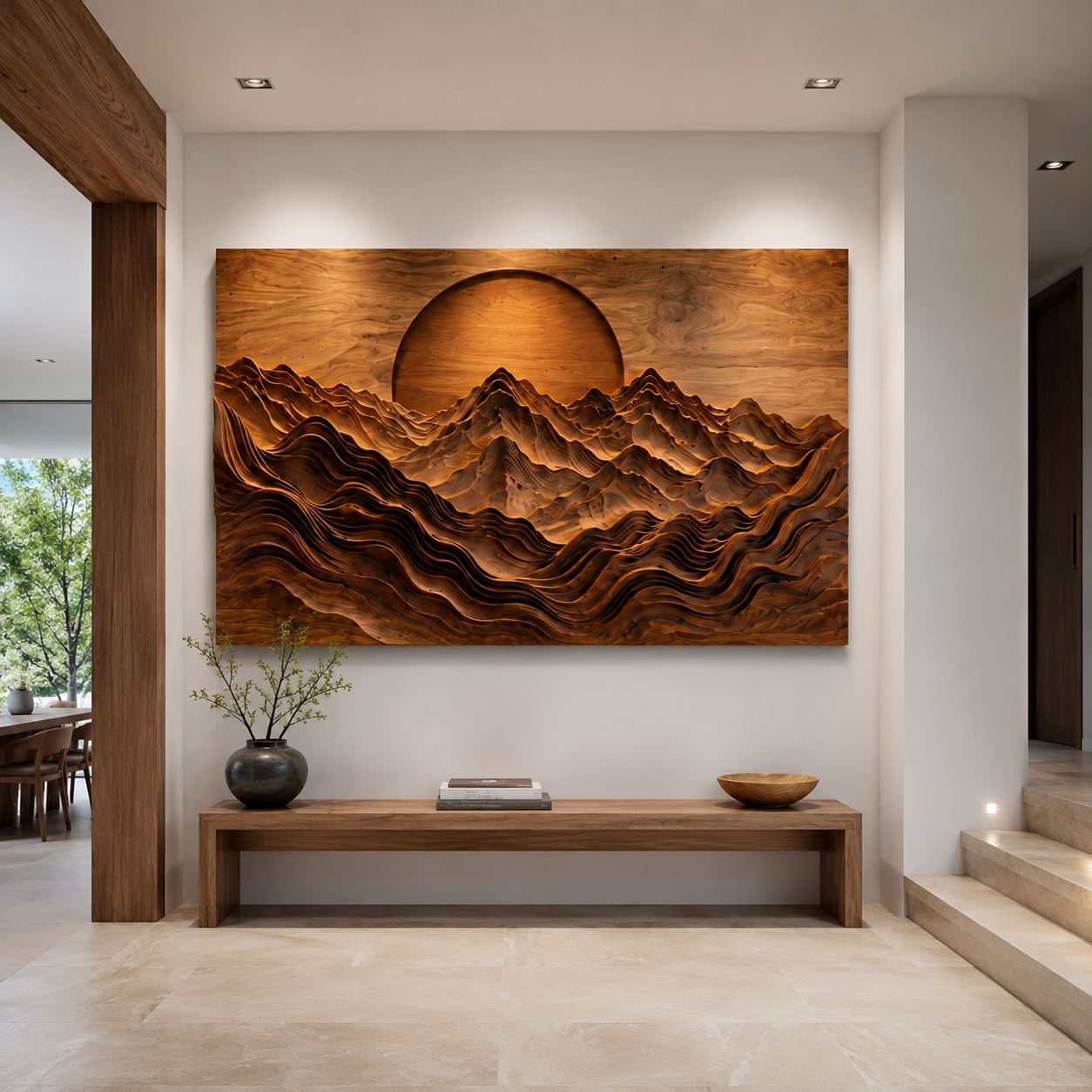 Mountain Wood Wall Art – Solid Wood Carved Landscape Wall Decor for Living Room Decor
