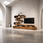 S-Shaped TV Stand – Solid Wood Media Console with Shelves for Living Room Decor