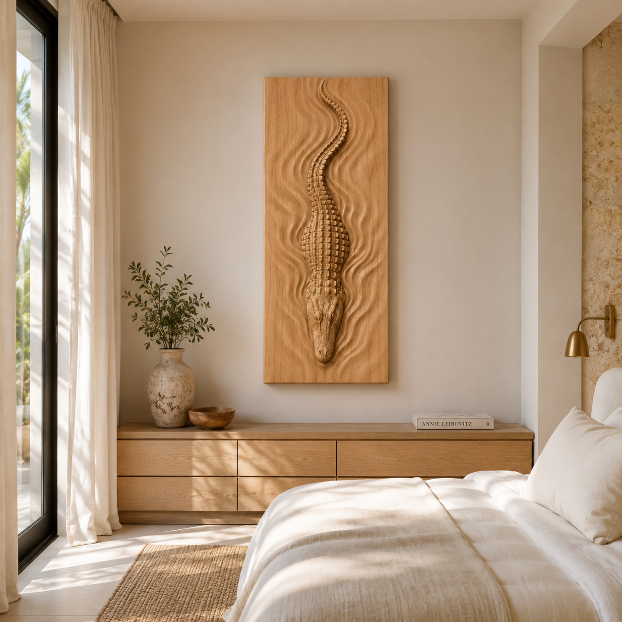 Crocodile Wood Wall Art – Solid Wood 3D Relief Carving for Bedroom Decor