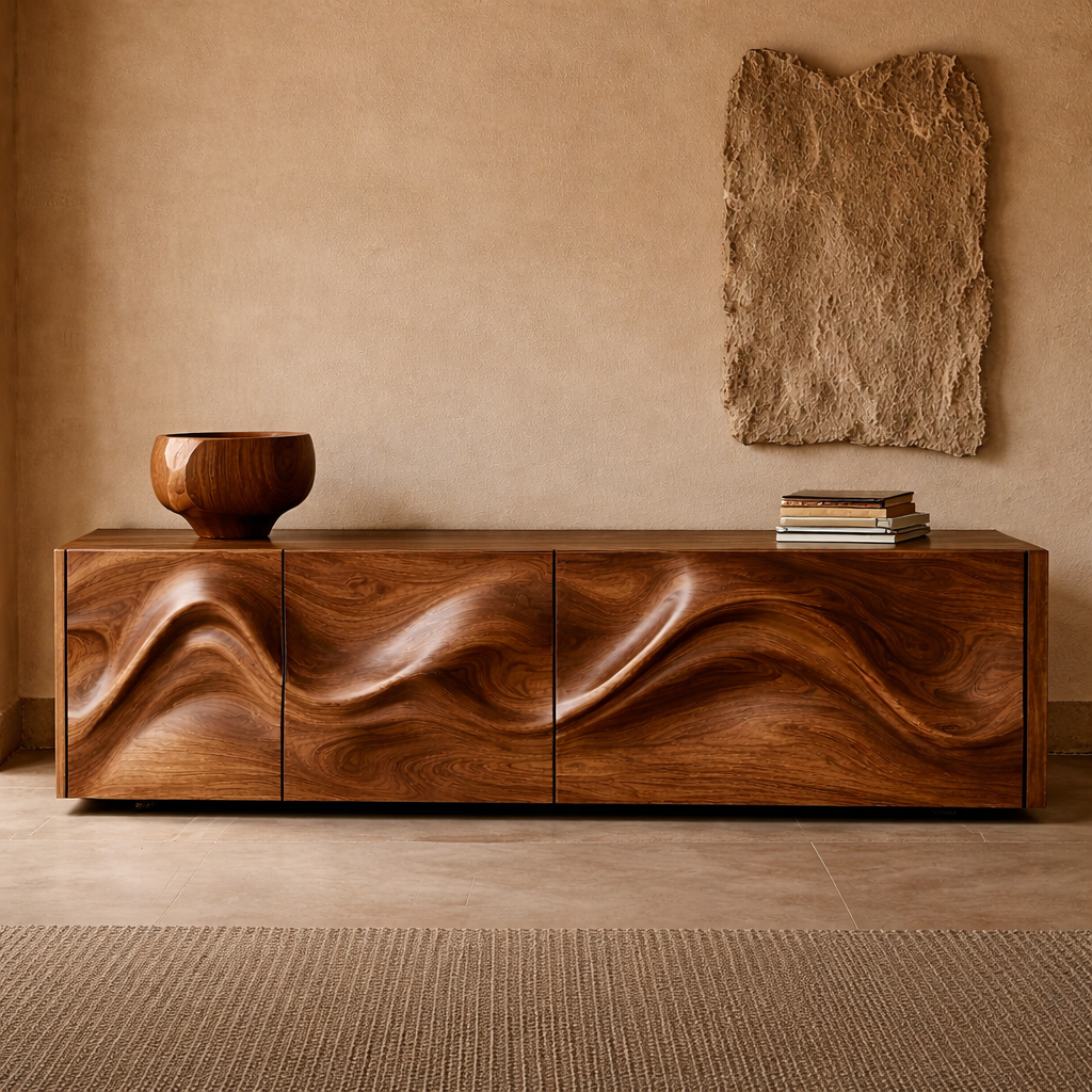 Wave Sideboard Media Console – Sculptural Solid Wood Storage Cabinet for Luxury Living Room