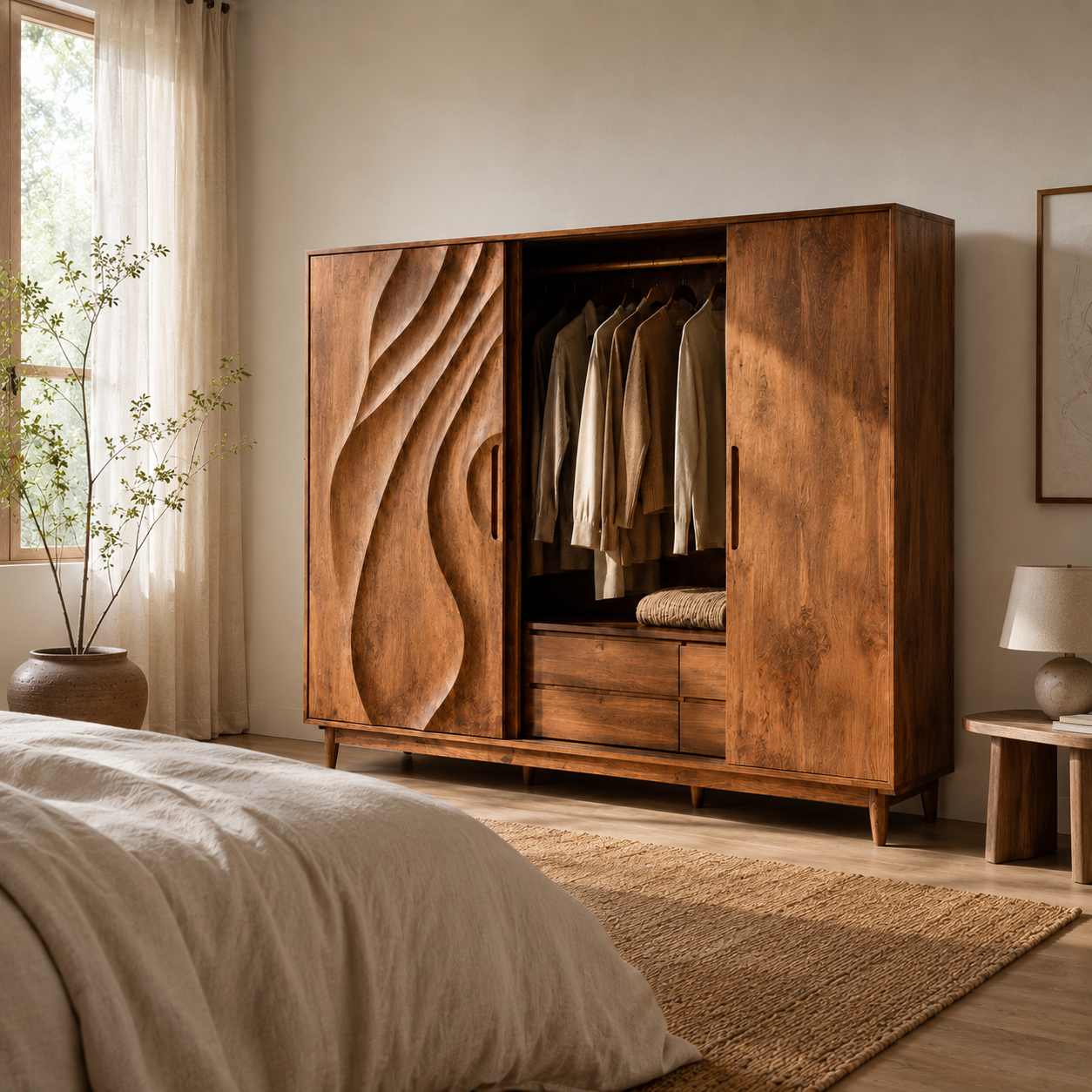 Carved Wood Wardrobe – Solid Wood Sliding Closet Cabinet for Bedroom Decor