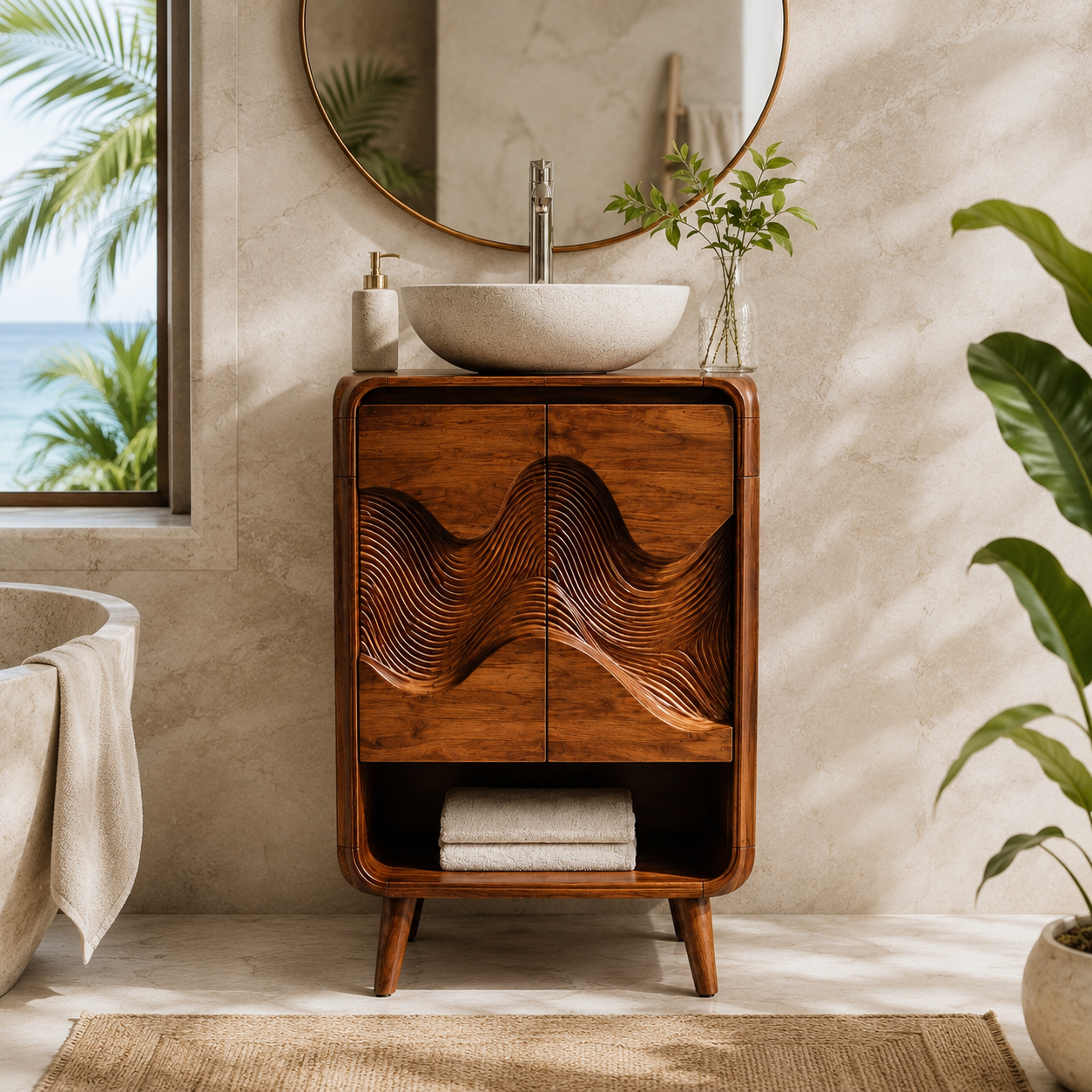 Carved Wood Bathroom Vanity – Solid Wood Sink Cabinet for Bathroom Decor