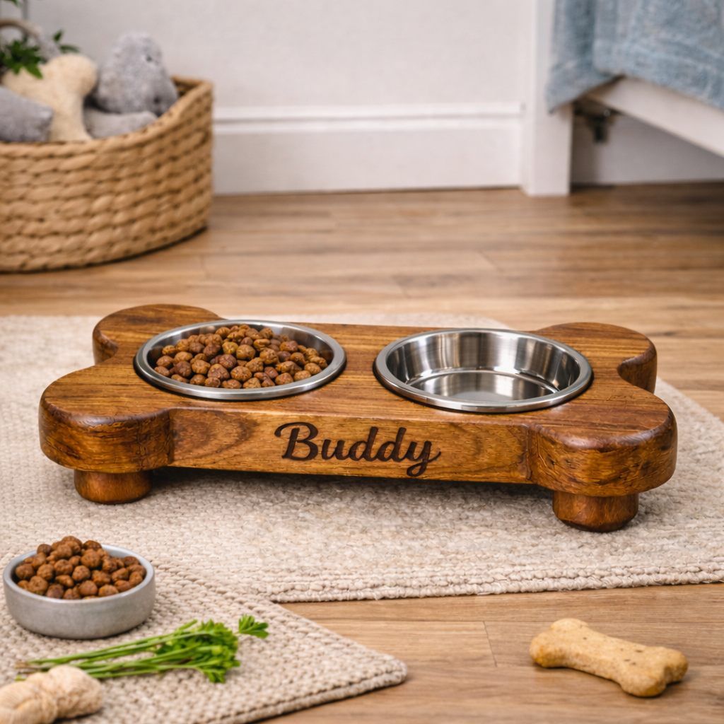 Personalized Wooden Pet Feeding Station – Custom Dog Bowl Stand