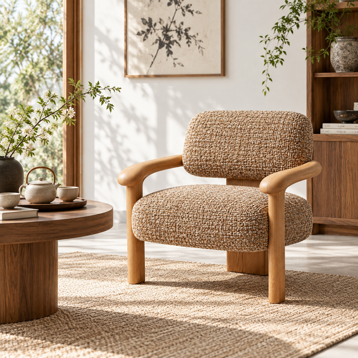 Textured Upholstered Wood Armchair