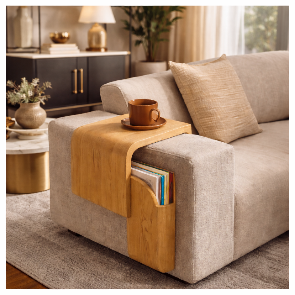 Sofa Armrest Side Table – Solid Wood Table with Storage Pocket