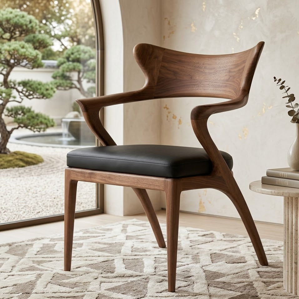 Sculptural Dining Chair – Solid Wood Accent Chair with Cushioned Seat
