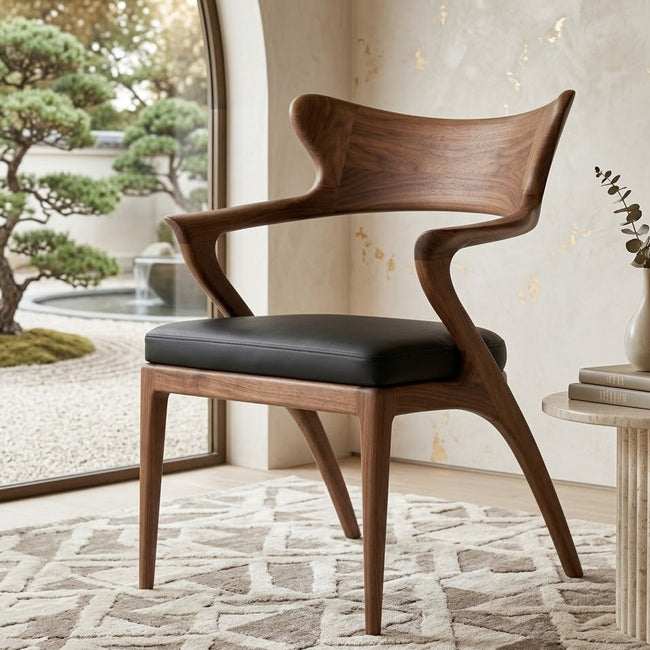 Sculptural Dining Chair – Solid Wood Accent Chair with Cushioned Seat Hover Image