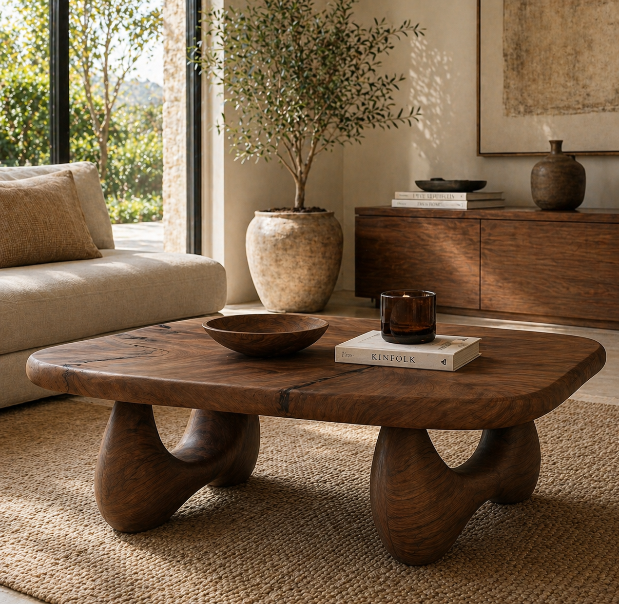 Rounded Coffee Table – Solid Wood Modern Table for Living Room Decor