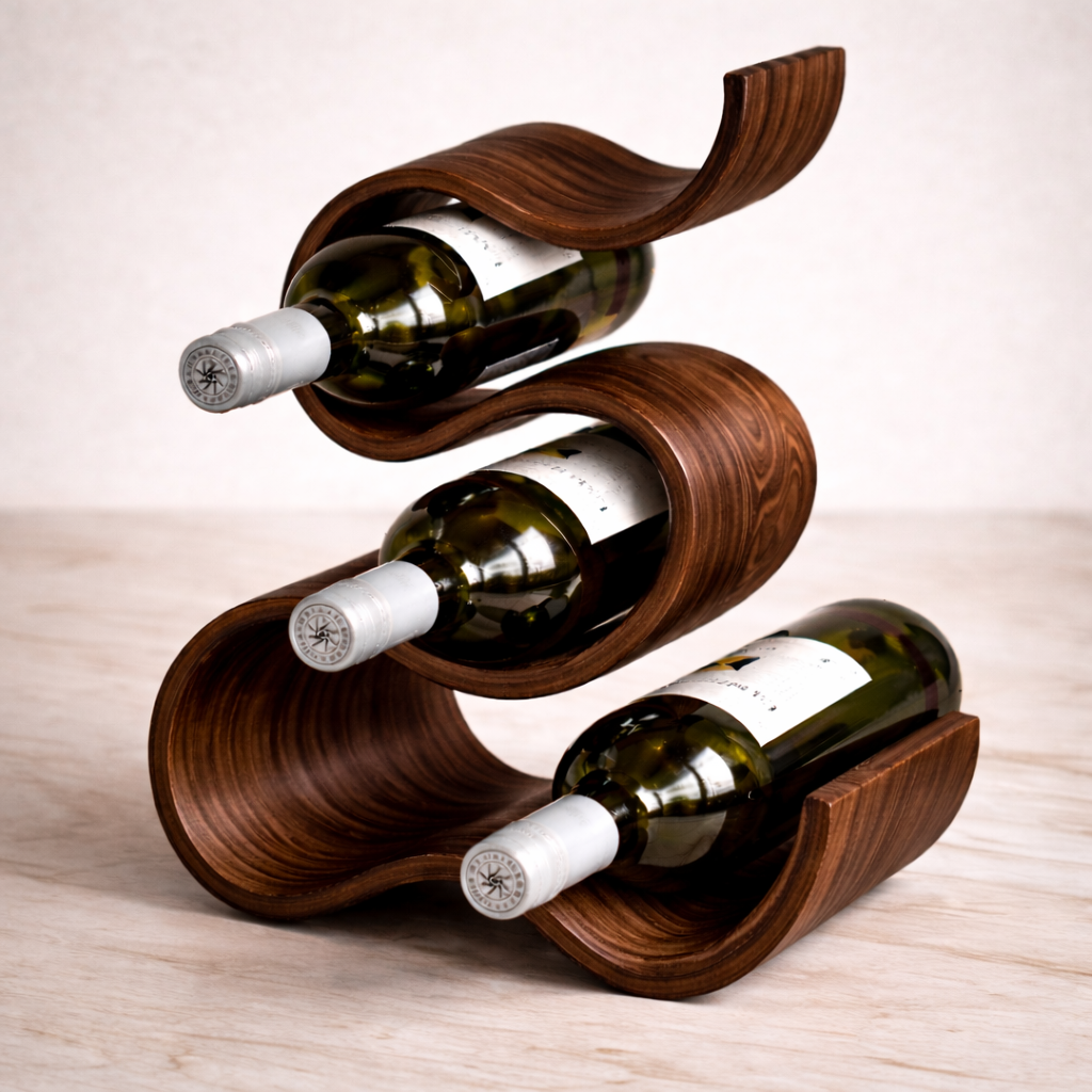 Sculptural Solid Wood Wine Rack | Hand-Carved Curved Bottle Holder