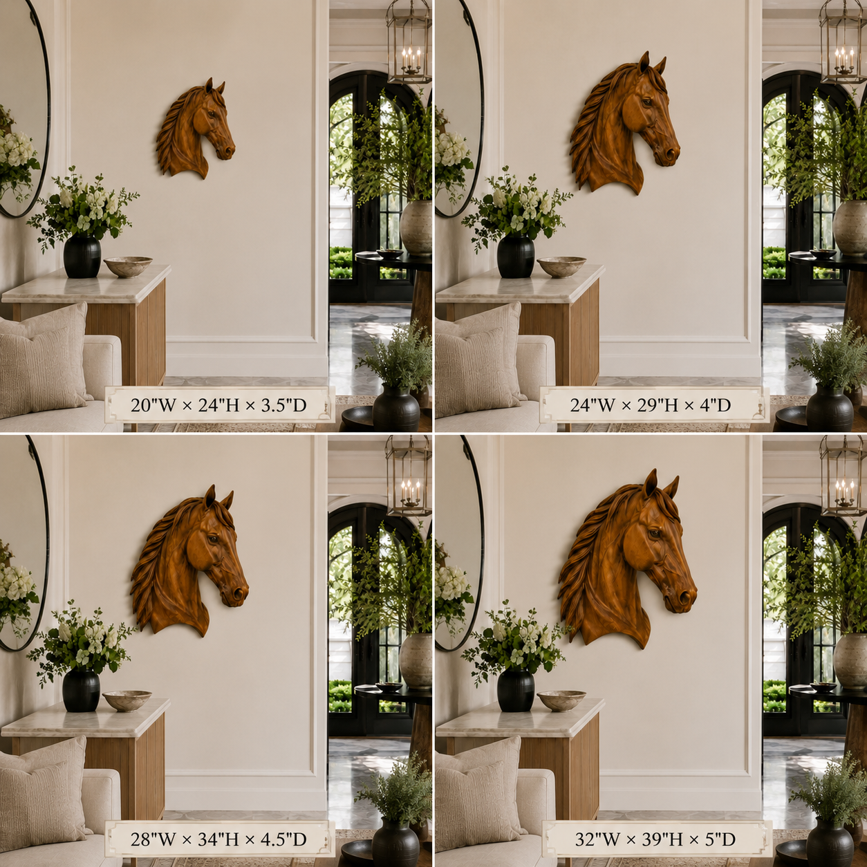 Horse Head Wood Wall Art – Solid Wood 3D Animal Sculpture for Entryway Decor