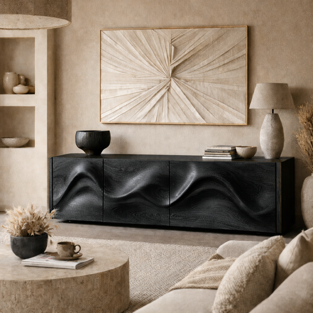 Wave Sideboard Media Console – Sculptural Solid Wood Storage Cabinet for Luxury Living Room