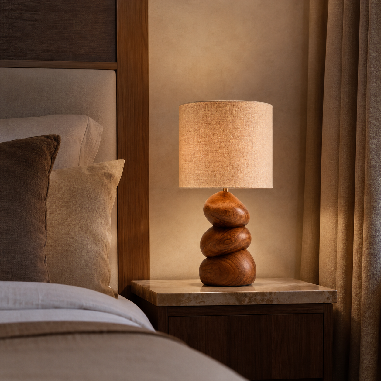 Pebble Wood Table Lamp – Solid Wood Stacked Bedside Lamp for Bedroom Decor