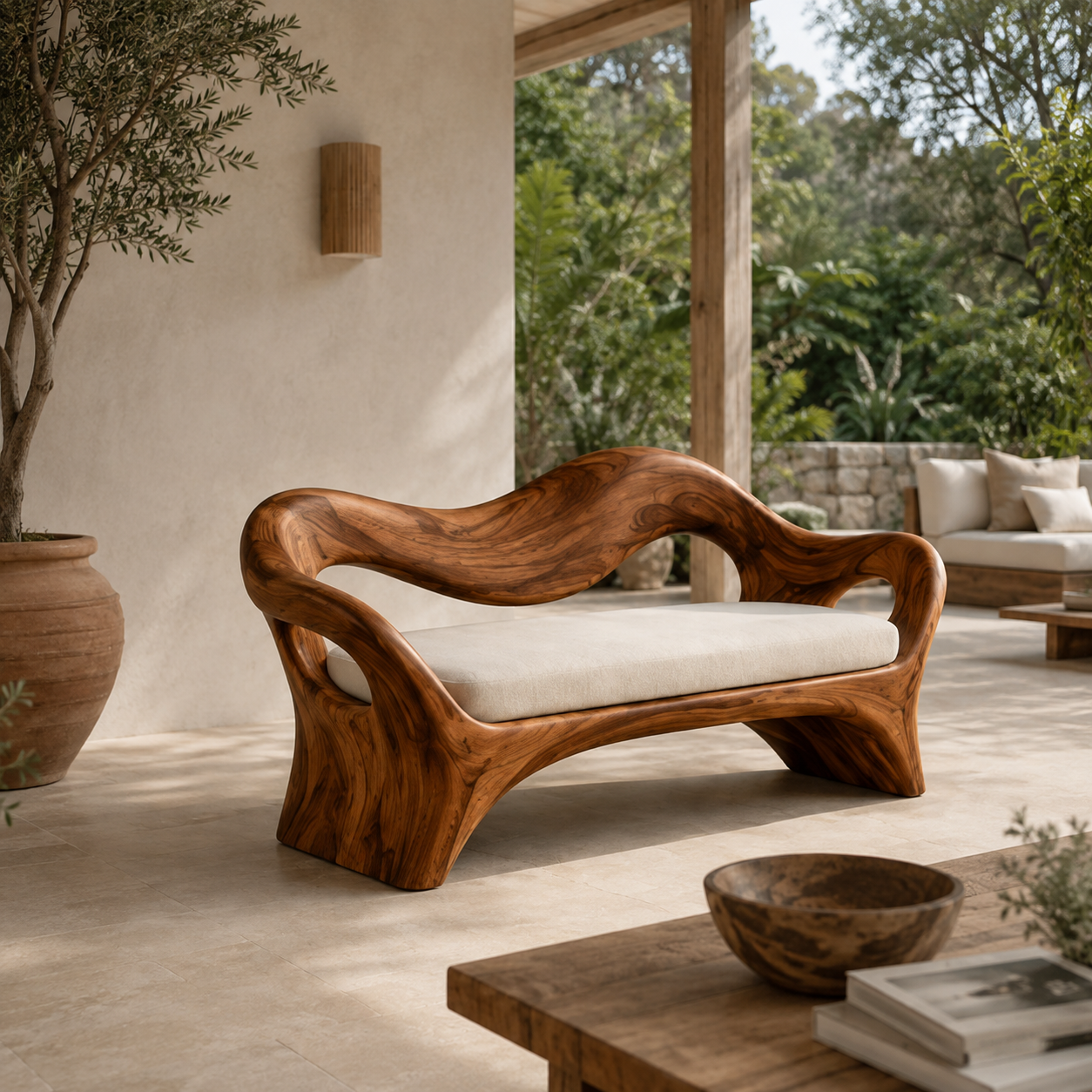 Sculptural Wave Wood Bench
