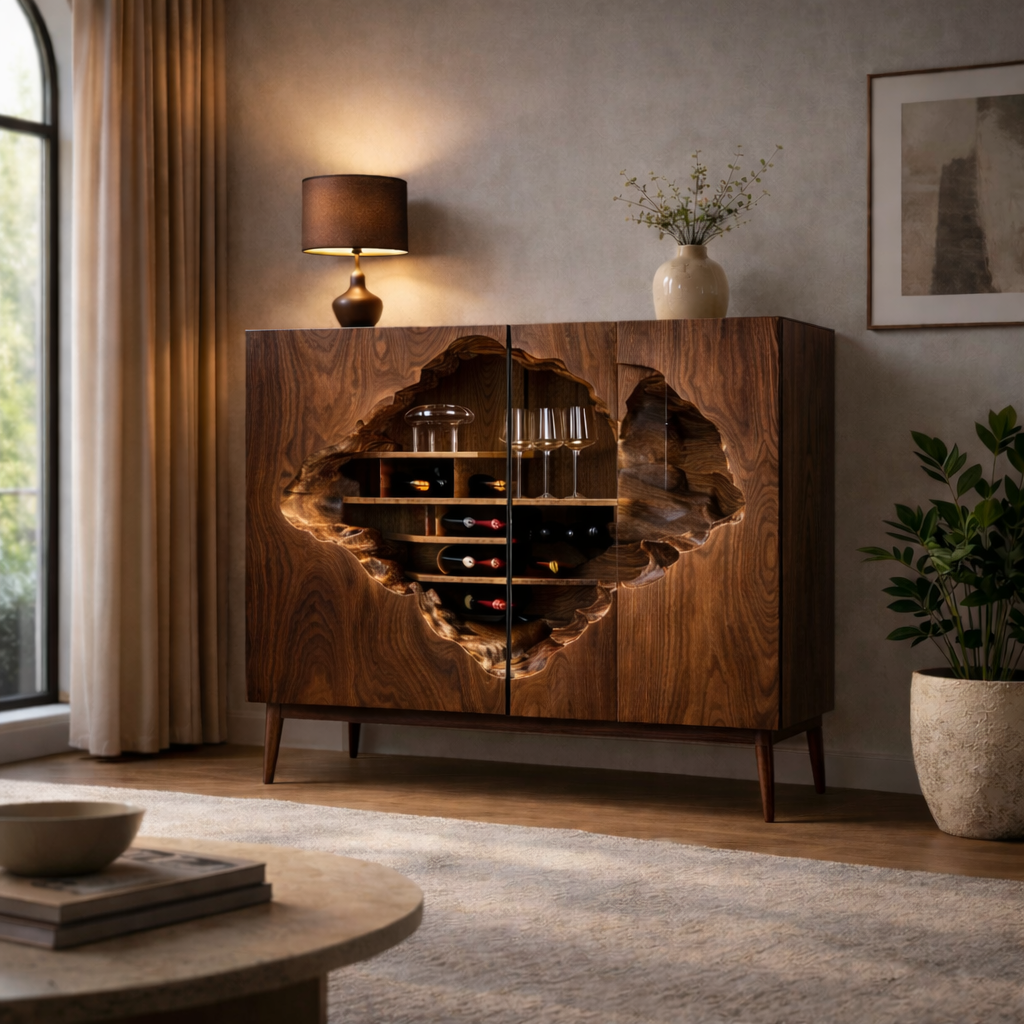 Geometric Wine Cabinet – Solid Wood Storage Cabinet for Living or Dining Room