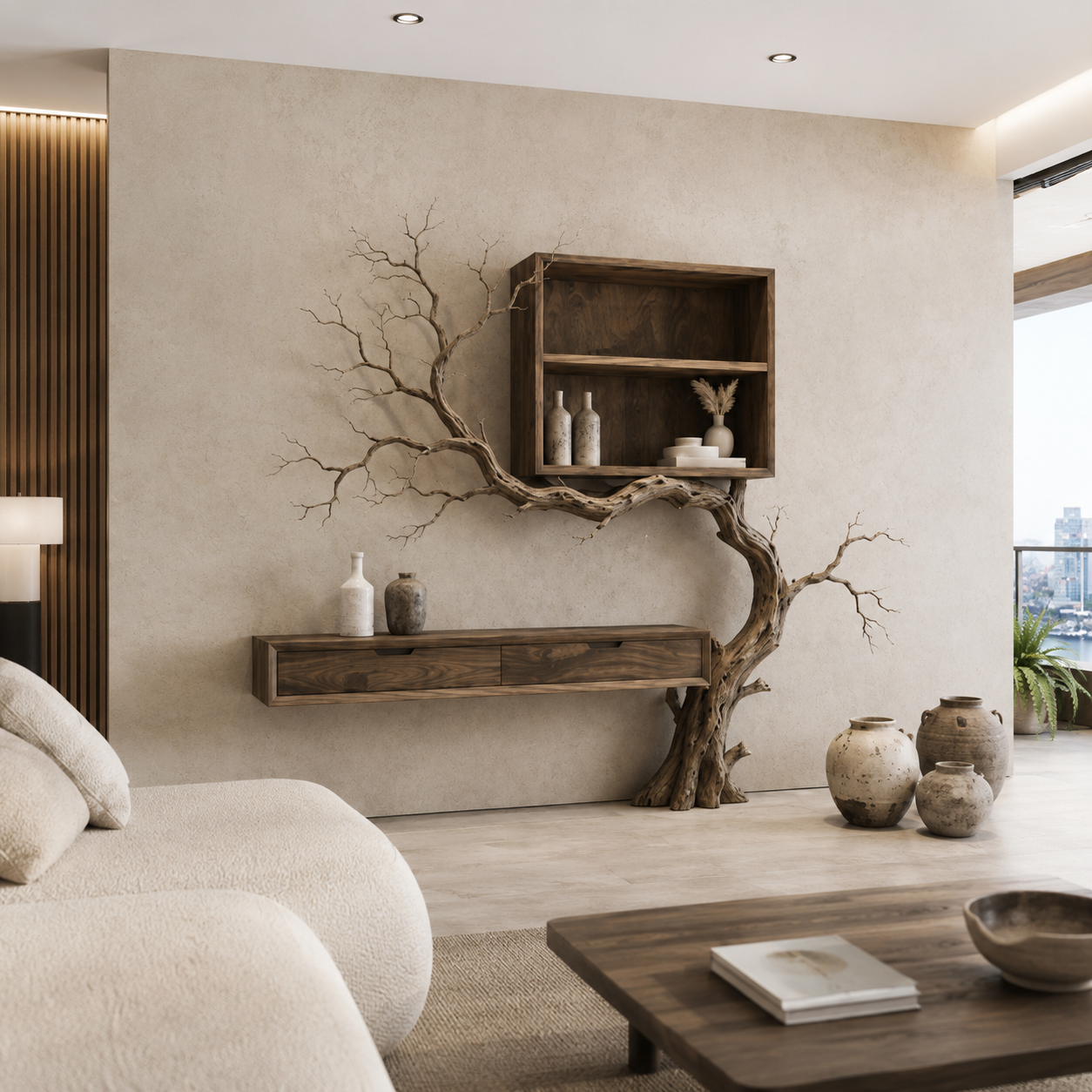 Tree Branch Wood Console Table – Solid Wood Wall Shelf with Cabinet and Sculptural Tree Base