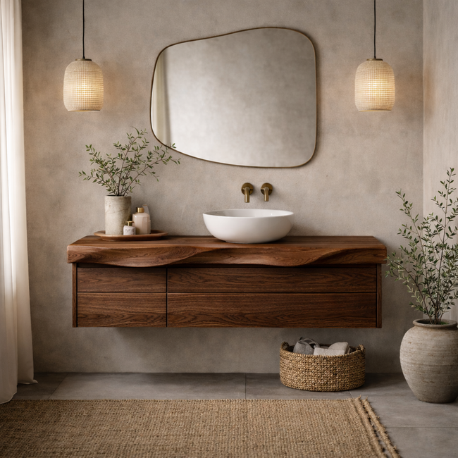 Floating Bathroom Vanity – Solid Wood Vanity with Sculpted Front Main Image