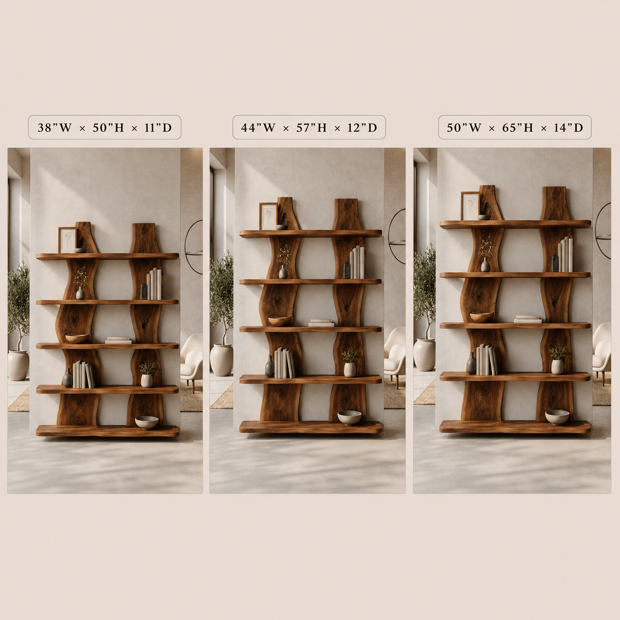Wave Wood Bookshelf – Solid Wood Display Shelf for Living Room Decor