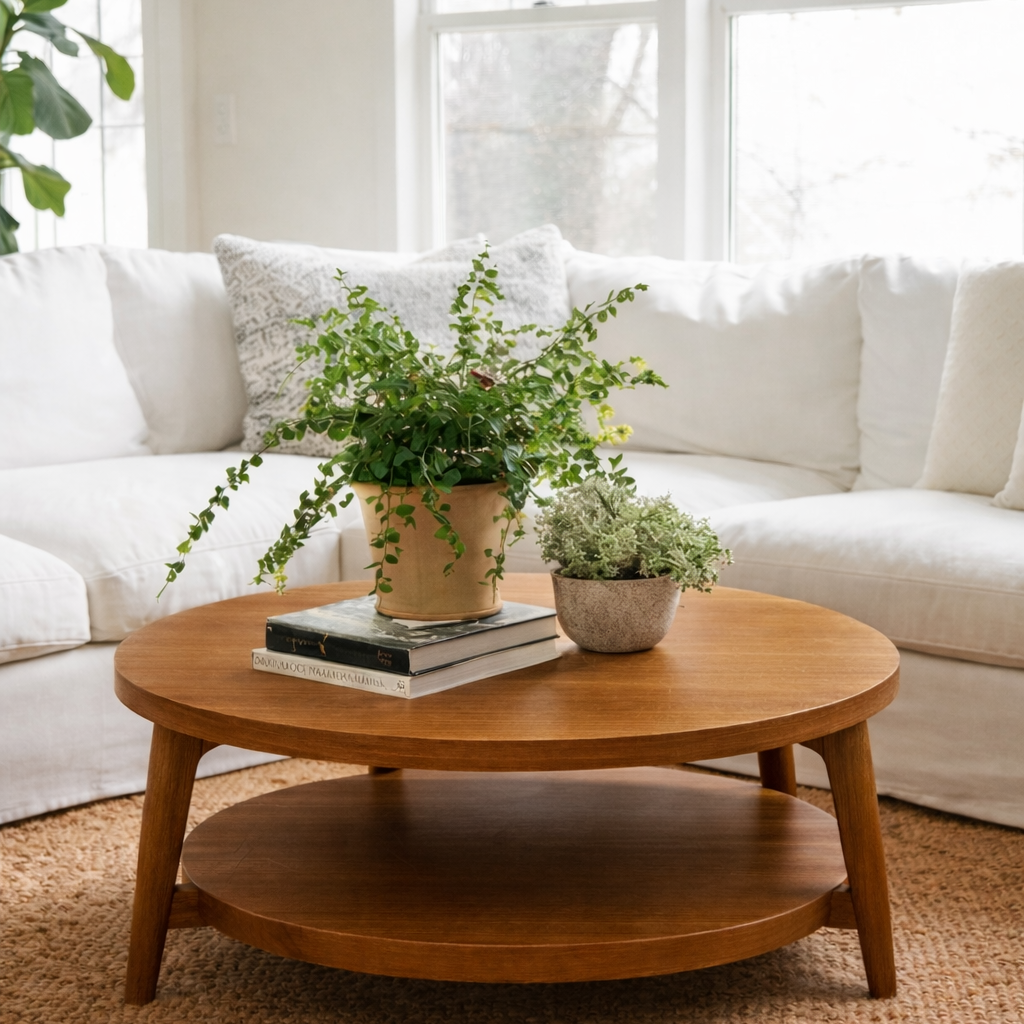 Scandinavian Round Solid Wood Coffee Table – Modern Two-Tier Design