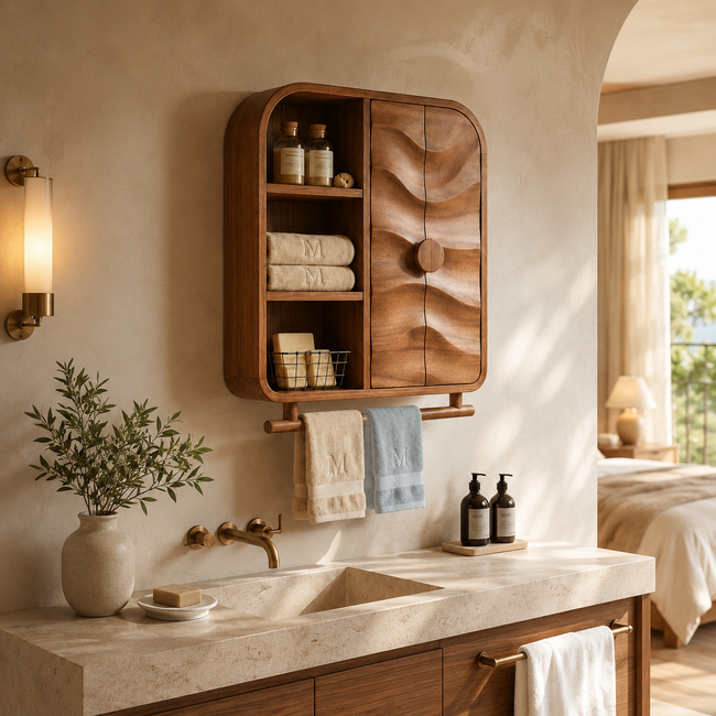Carved Wood Bathroom Cabinet – Solid Wood Wall Mounted Storage Cabinet with Towel Bar for Bathroom Decor Main Image