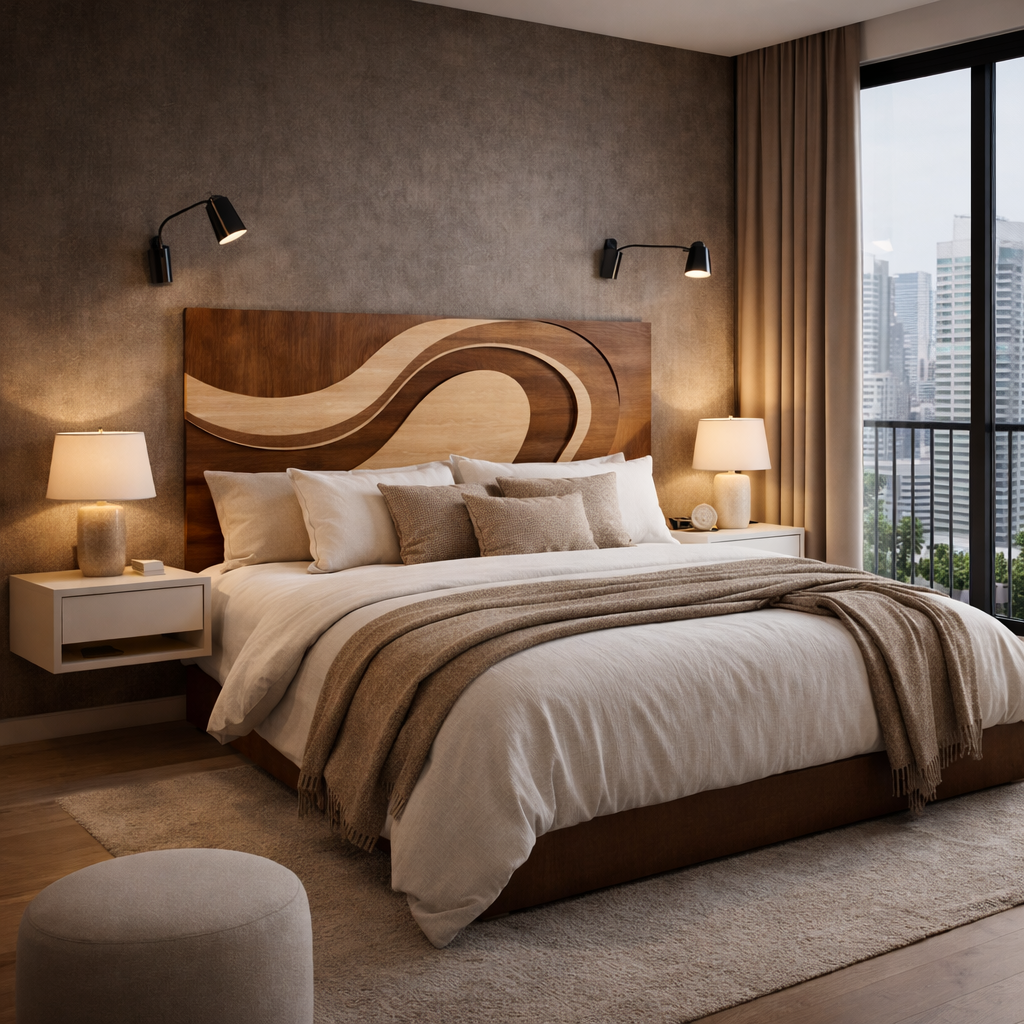 Modern Solid Wood Bed with Wave Headboard – Sculptural Design