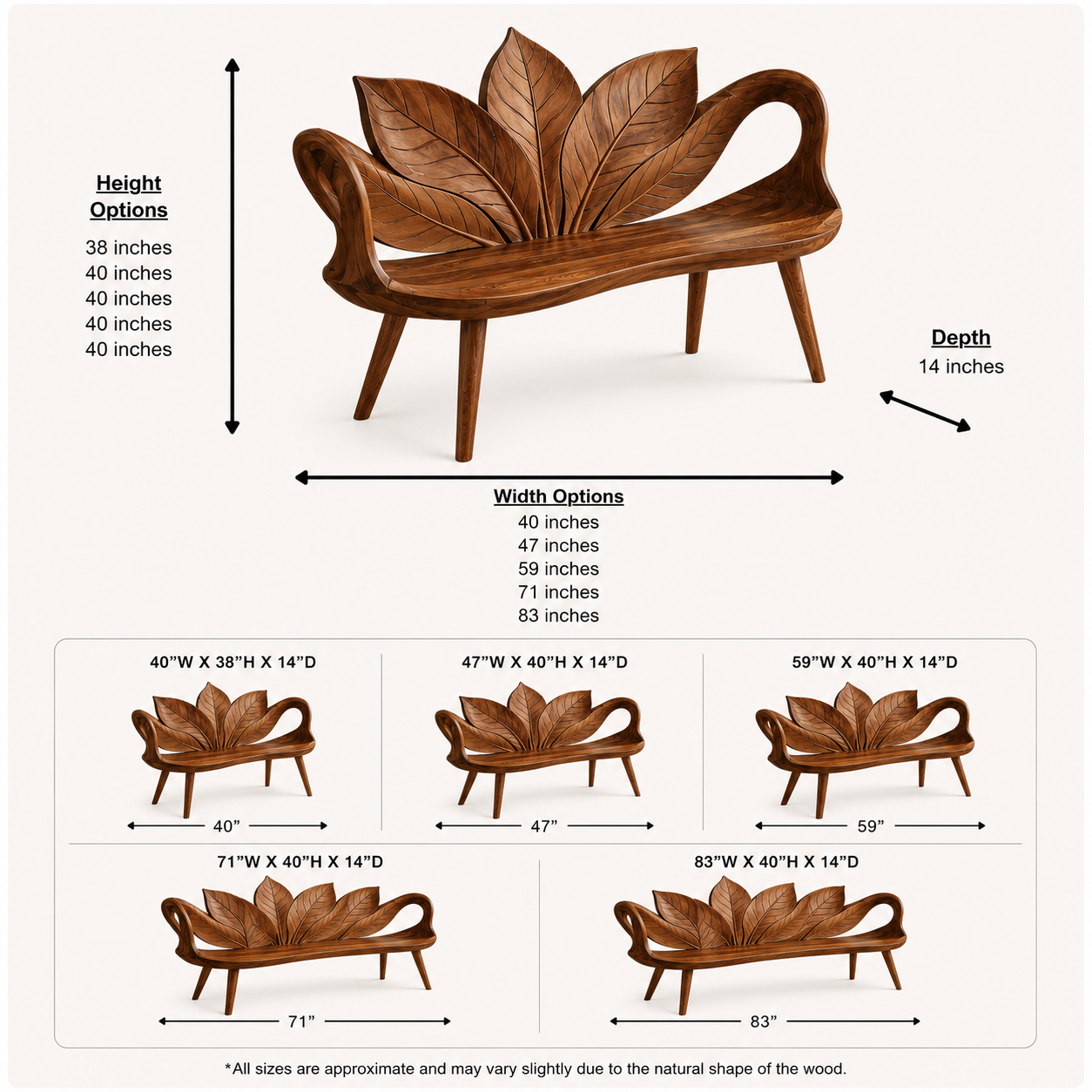 Leaf Back Wood Bench – Solid Wood Entryway Bench with Sculptural Leaf Design for Home Decor
