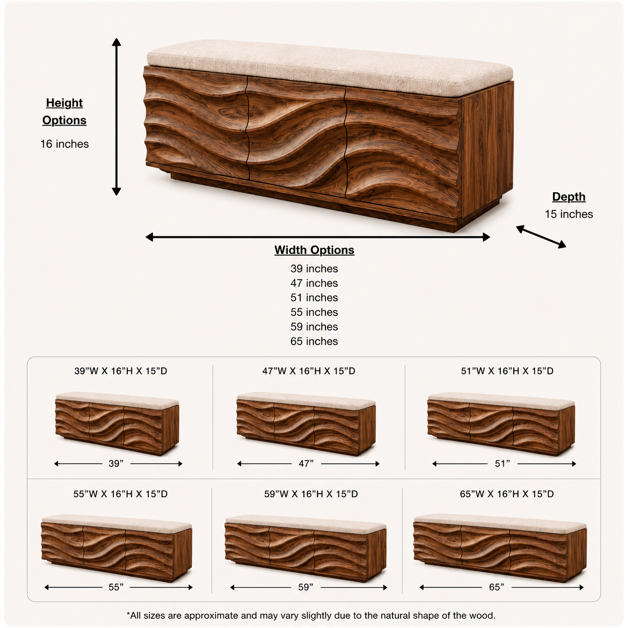 Wave Carved Wood Bedroom Bench – Solid Wood End of Bed Storage Bench with Upholstered Cushion