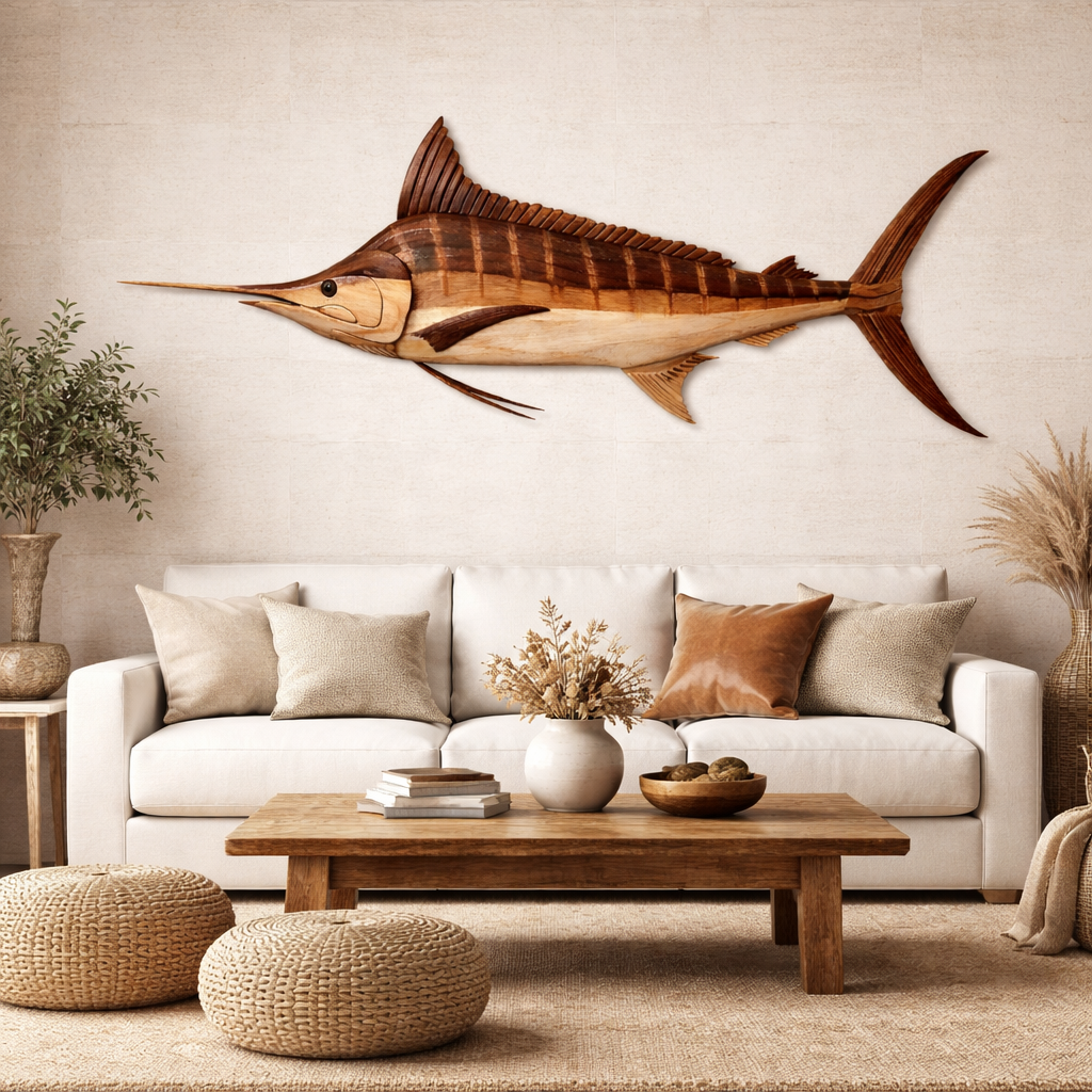 Striped Marlin Wall Art – Solid Wood Decorative Panel for Coastal Home Decor