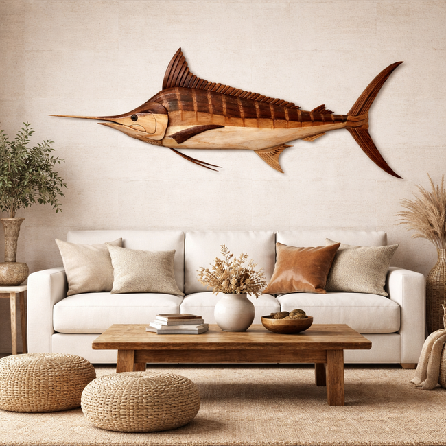 Striped Marlin Wall Art – Solid Wood Decorative Panel for Coastal Home Decor Main Image