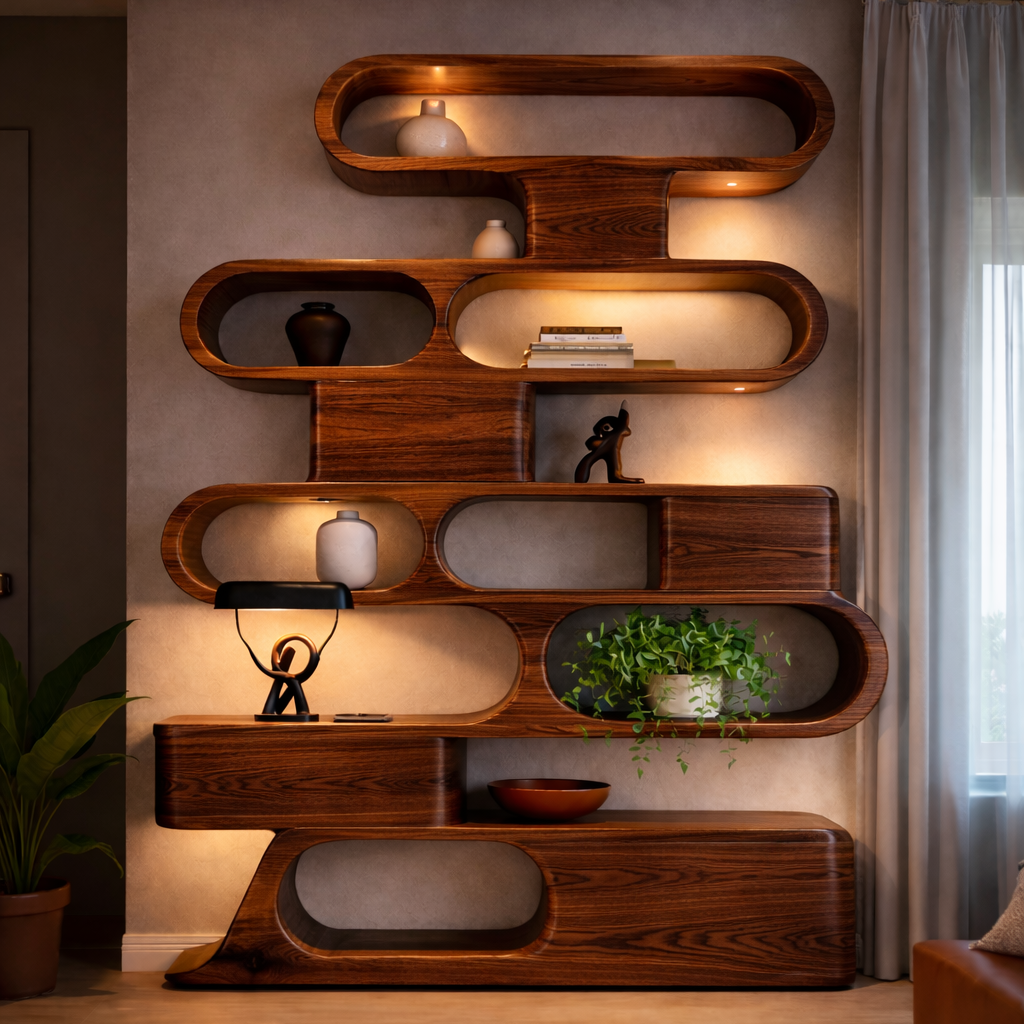 Solid Wood Sculptural Shelving Unit – Organic Wave Design