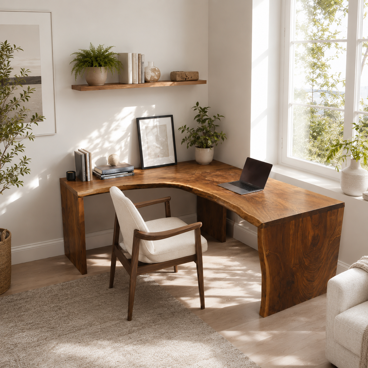 Live Edge L-Shaped Wood Desk – Solid Wood Corner Office Desk for Home Office Decor