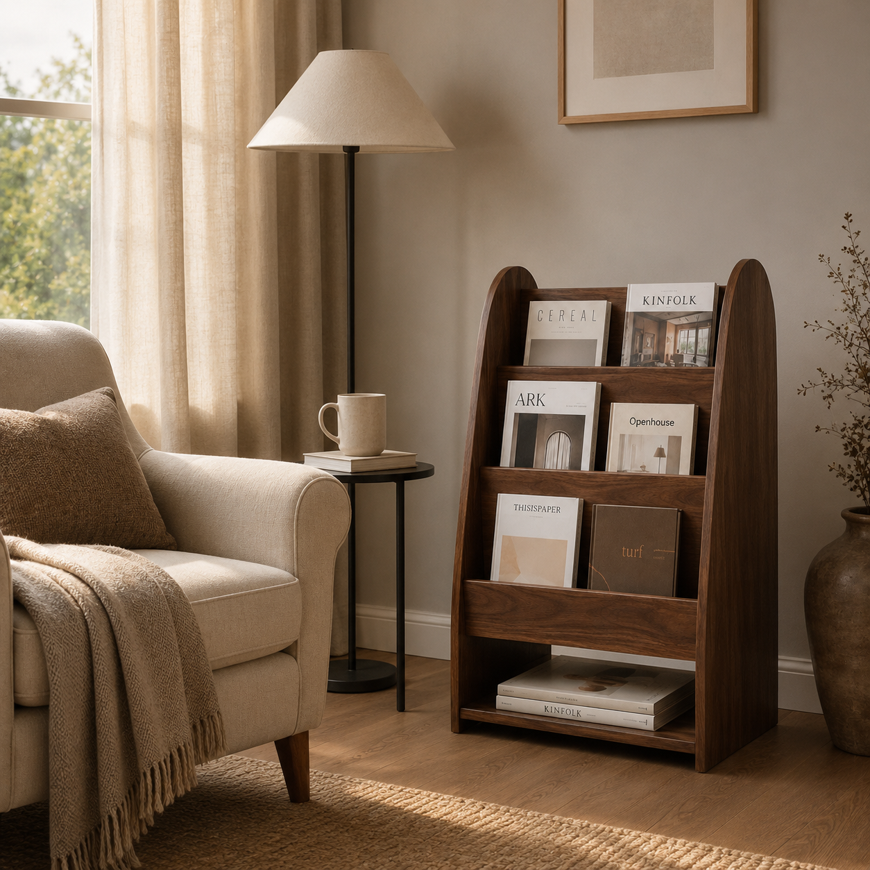 Wooden Magazine Rack – Solid Wood Display Stand for Reading Corner Decor
