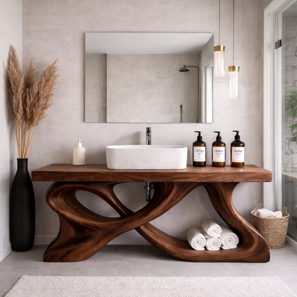 Artisan Solid Wood Bathroom Vanity with Sculptural Cross-Base & Mirror