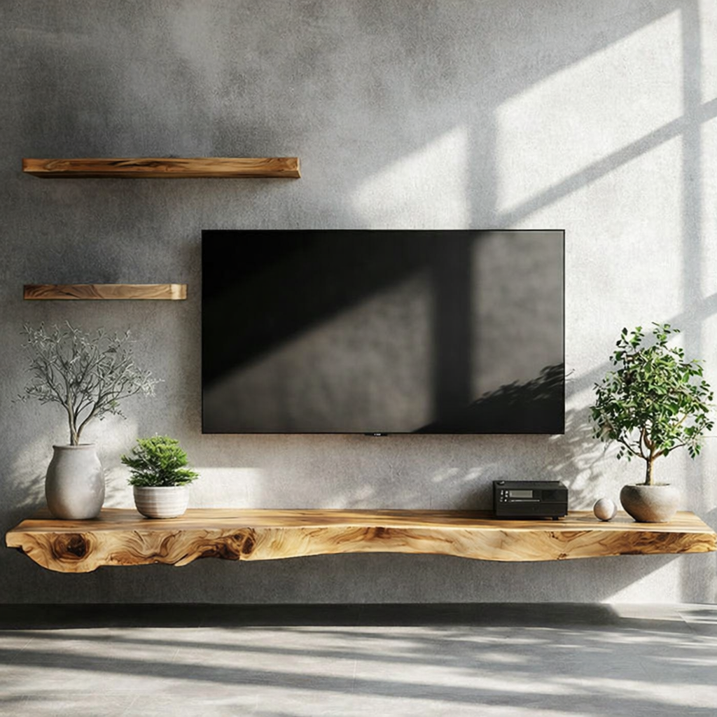 Live Edge Floating Stand – Solid Wood Wall-Mounted Console for Living Room Deco