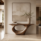 Sculptural Console Table – Solid Wood Entryway Table with Round Mirror