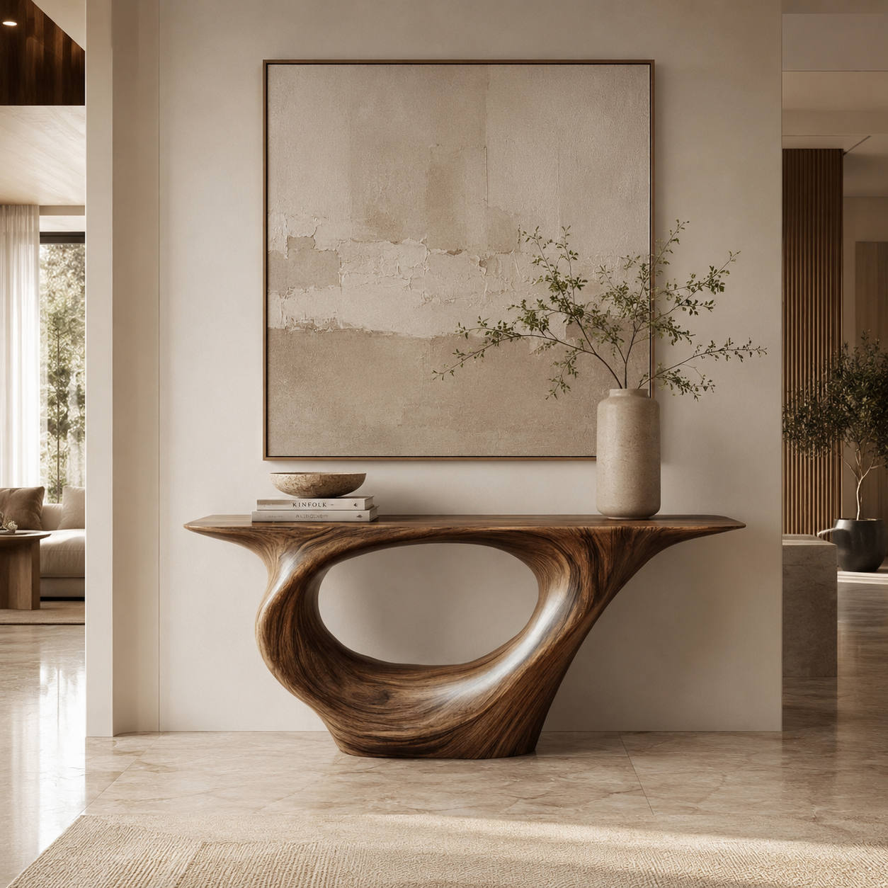 Sculptural Console Table – Solid Wood Entryway Table with Round Mirror