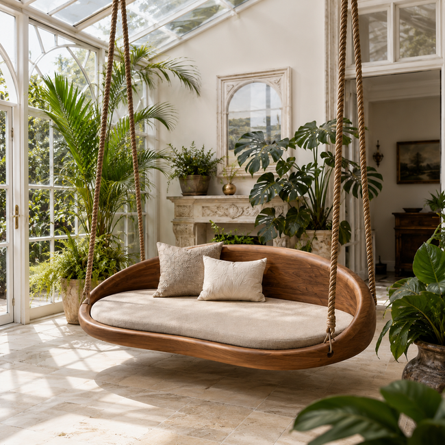 Round Wood Hanging Swing Sofa – Solid Wood Indoor Porch Swing with Cushions for Sunroom Decor Main Image