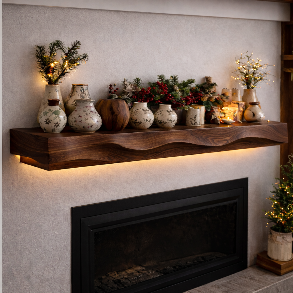Solid Wood Live Edge Fireplace Mantel – Warm Rustic Accent Shelf