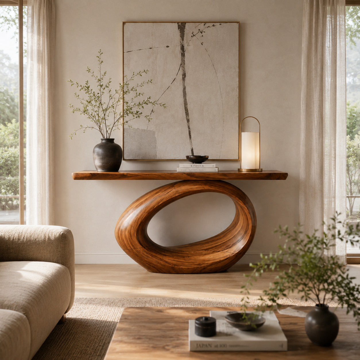 Sculptural Loop Wood Console Table