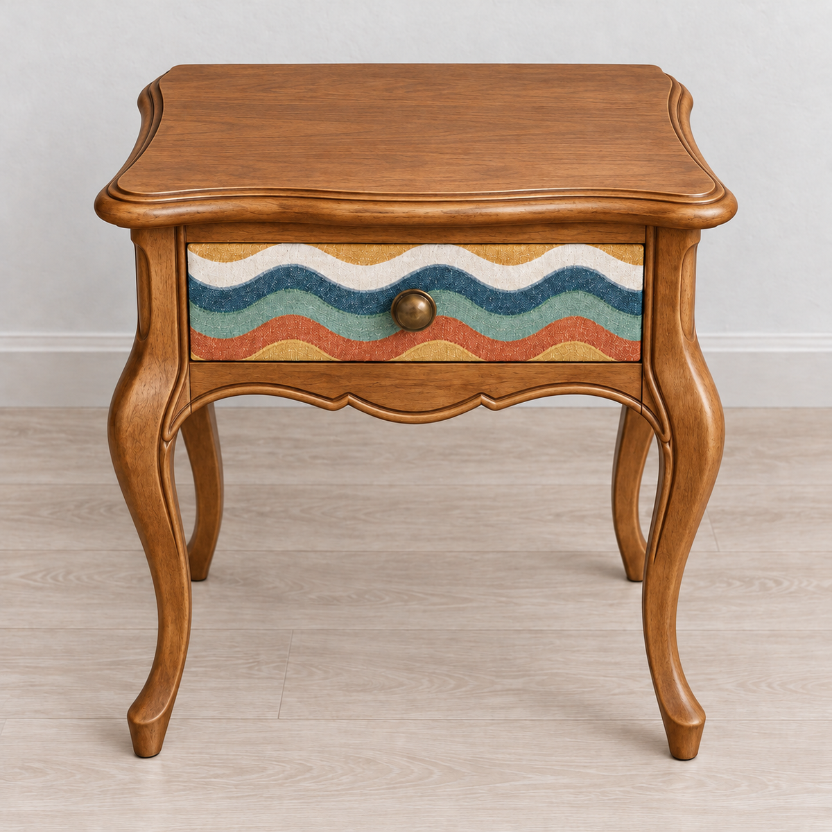 Vintage Curved Leg Nightstand with Patterned Drawer