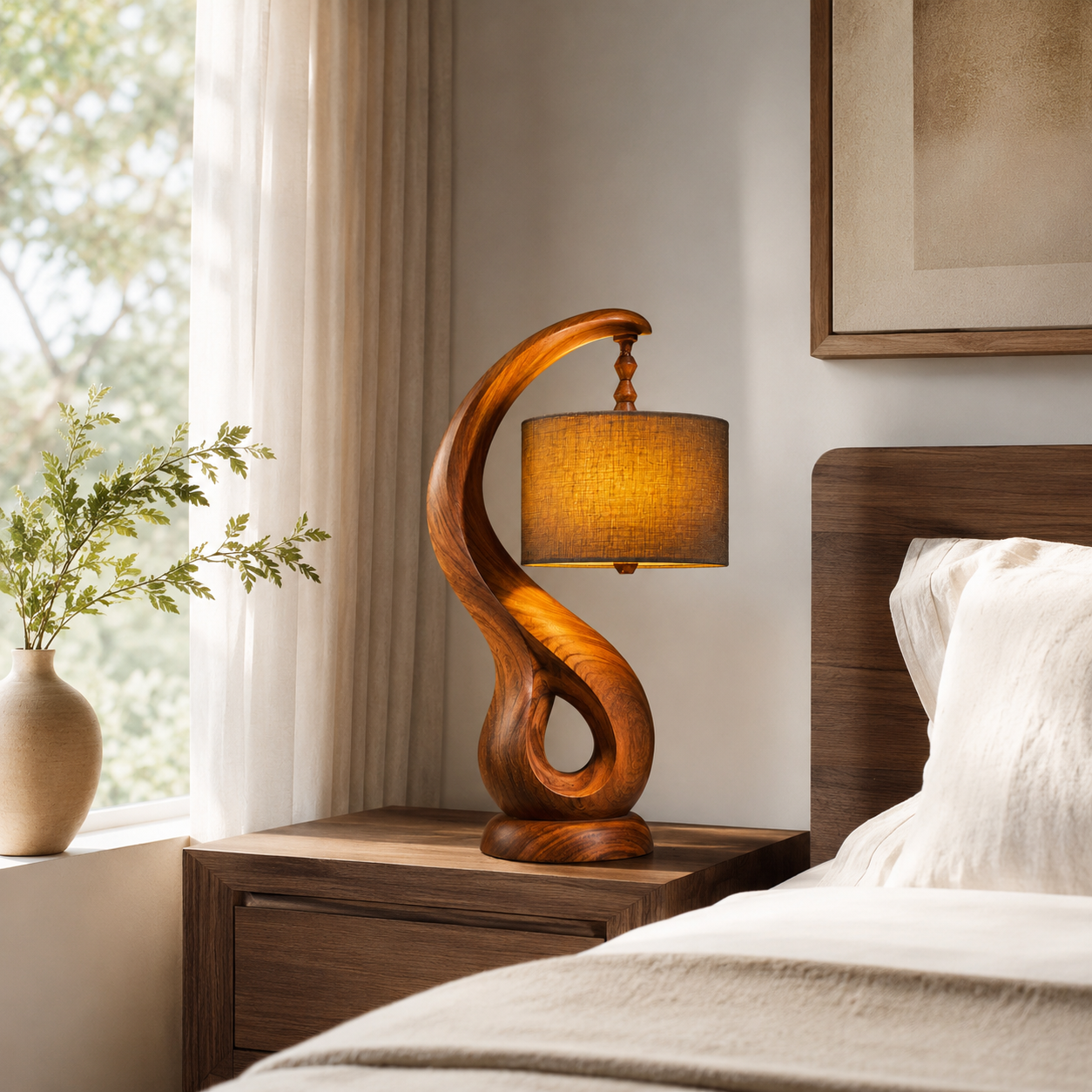 Sculptural Wood Table Lamp – Solid Wood Bedside Lamp for Living Room Decor